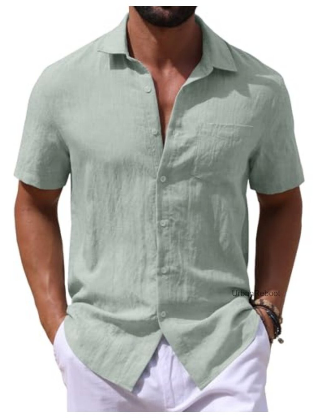 Men's Linen-Blend Short Sleeve Casual Button Down Shirt Summer Beach Wear